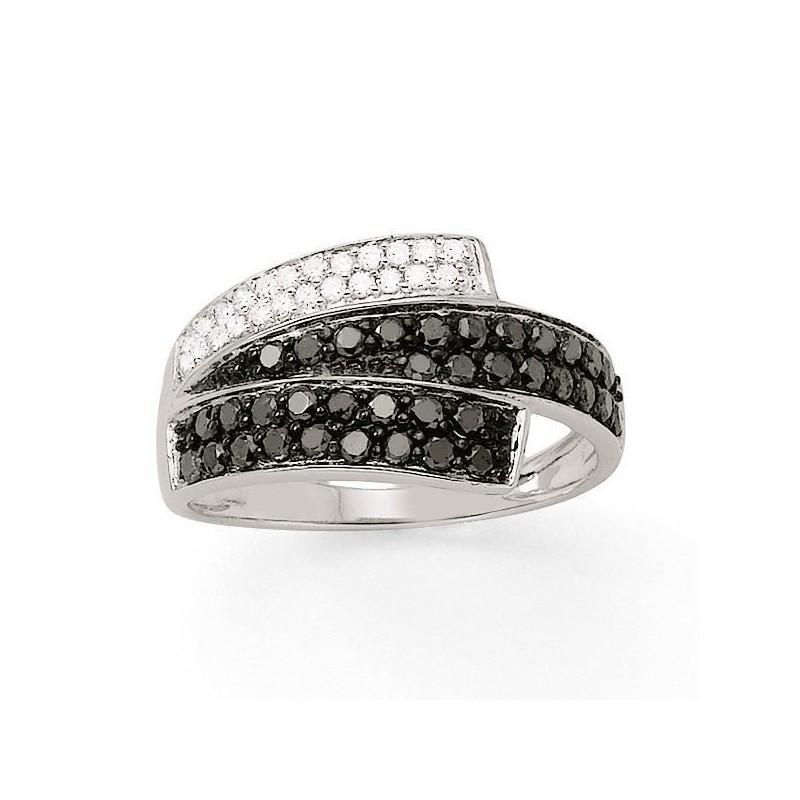 Pave set ring with black and white diamonds in 18 K gold