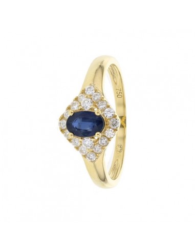 Diamond halo and sided sapphire ring in 18 K gold