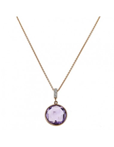 Round amethyst with diamond hook pendant in 9 K gold