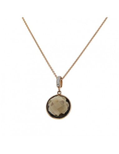 Round smoky quartz with diamond hook pendant in 9 K gold