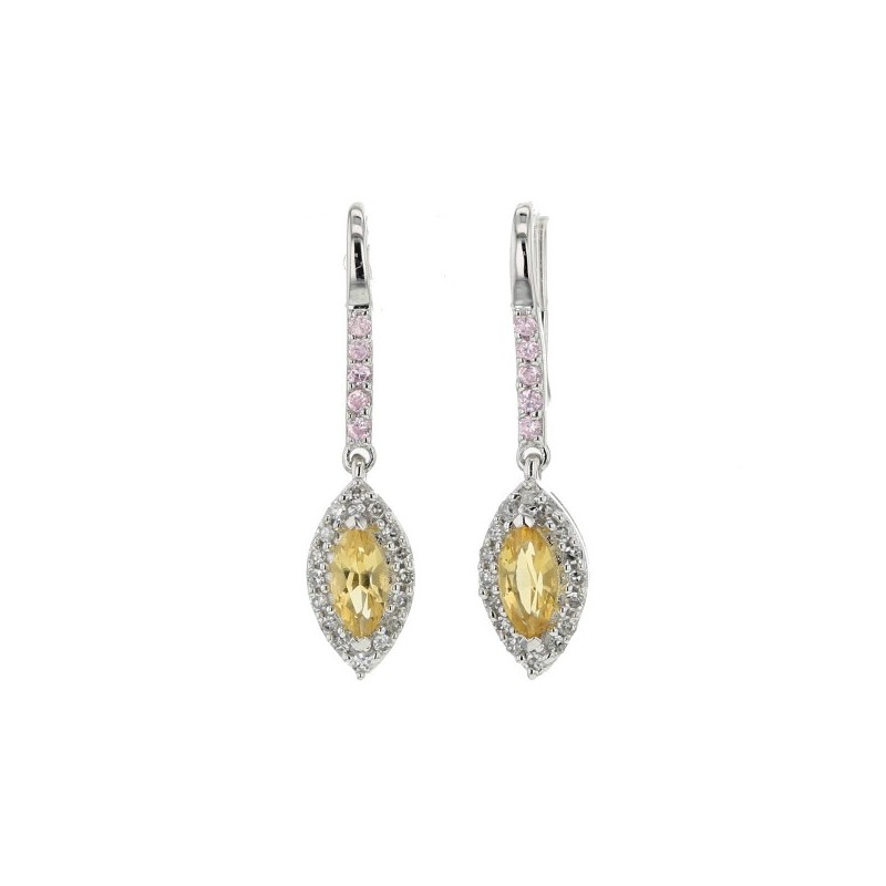 Navette cut citrine and pink quartz and diamonds earrings in 9 K gold