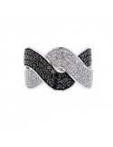 Interlacing pave set black and white diamonds ring in silver 925/1000