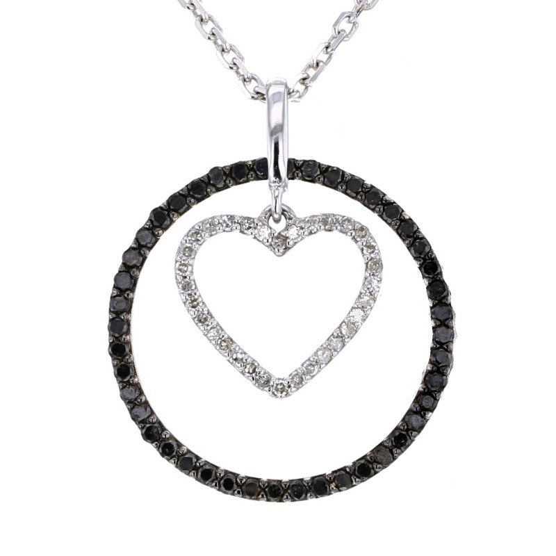 Black diamond round frame and heart shape white diamond pendant in 18 K gold