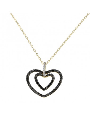 Two hearts pendant with black and white diamonds in 18 K gold