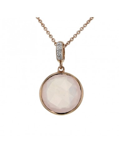Round pink quartz with diamond hook pendant in 9 K gold