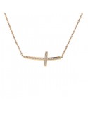 Collier croix de travers pavée de diamants en or rose