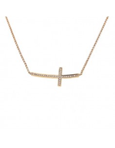 Collier croix de travers pavée de diamants en or rose