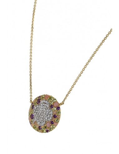 Multi-stone peridot, amethyst, pink quartz and diamonds pebble necklace in 18 K gold