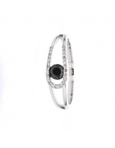 Open ring with pave set black and white diamonds in 18 K gold