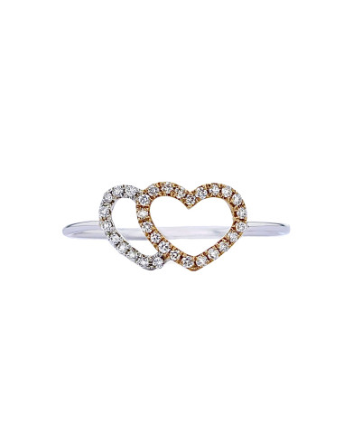 Two hearts ring with diamonds in 18 K gold