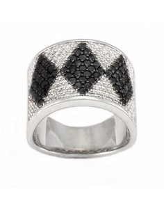 Geomotrical paves set ring black and white diamonds in silver 925/1000