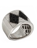 Geomotrical paves set ring black and white diamonds in silver 925/1000