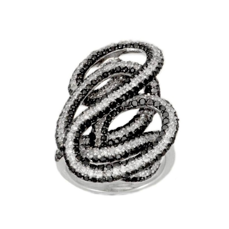 Luxurious whirlwind pave set black and white diamonds ring in silver 925/1000