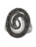Pave set black and white diamonds spiral ring in silver 925/1000