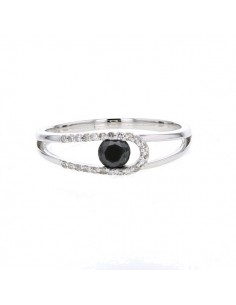 Open ring with pave set black and white diamonds in 18 K gold